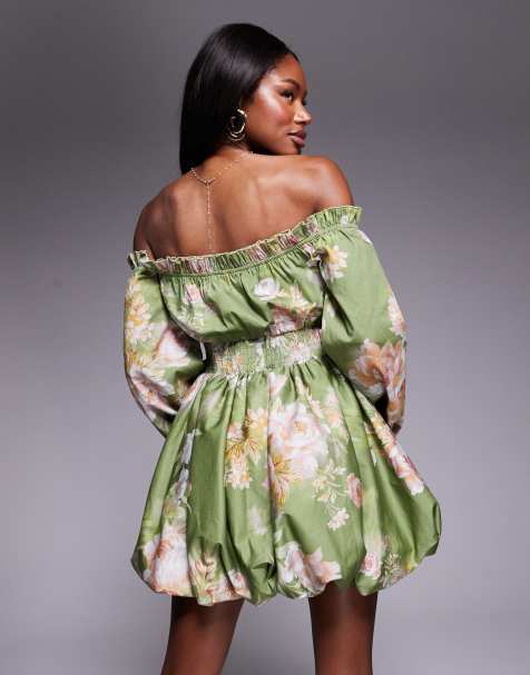 green floral dress with sleeves Green Floral Printed Short Puff Sleeve Gathered Side Midi Dress main image 1
