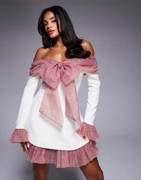 ASOS LUXE bardot mini dress with pleated dobby organza in cream - view 1