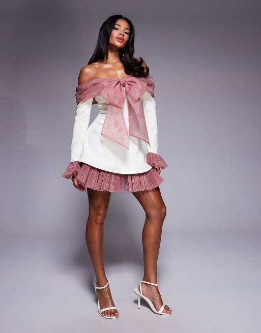 ASOS LUXE bardot mini dress with pleated dobby organza in cream, 2 of 4