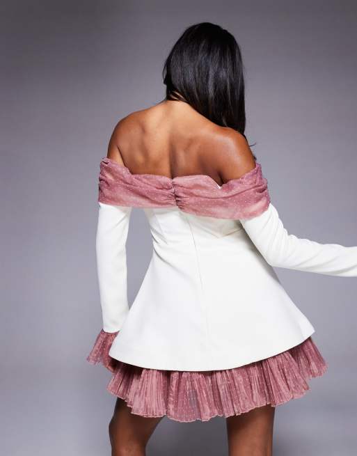 ASOS LUXE bardot mini dress with pleated dobby organza in cream, 4 of 4