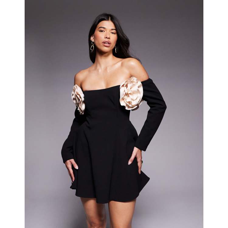 ASOS LUXE bardot mini skater dress with corsage details in black | ASOS