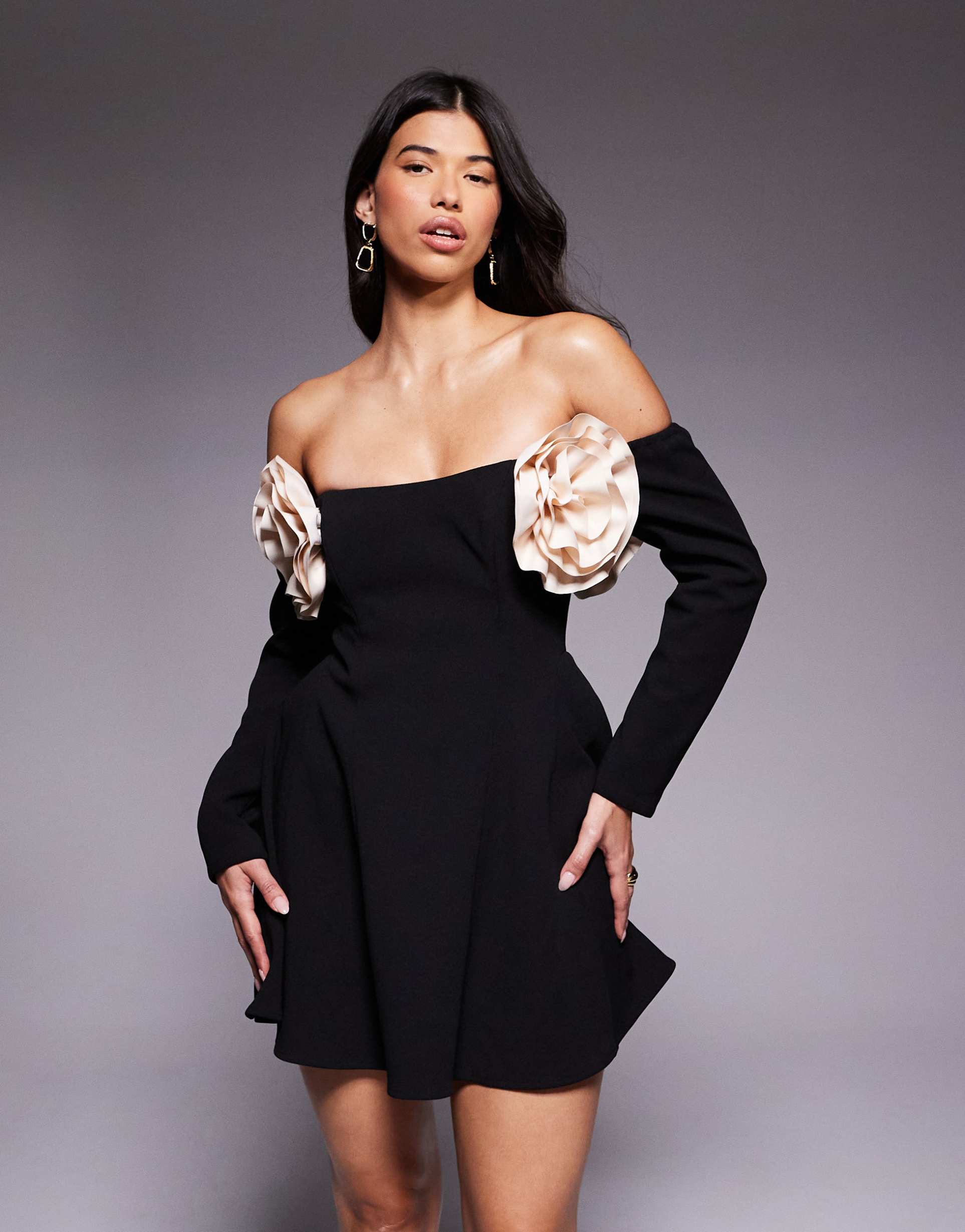 asos luxe bardot mini skater dress with corsage details in black