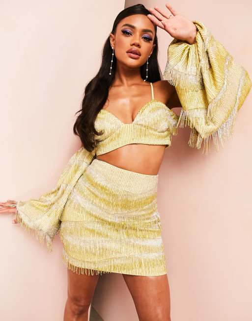 ASOS LUXE bardot puff sleeve fringe beaded top in yellow - part of