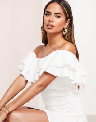 white bardot ruffle dress