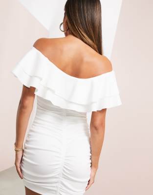 white bardot ruffle dress