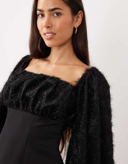 ASOS LUXE bardot textured mini dress with extreme sleeve in black, 2 of 4
