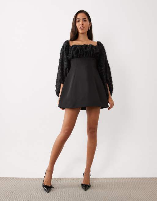 ASOS LUXE bardot textured mini dress with extreme sleeve in black, 3 of 4