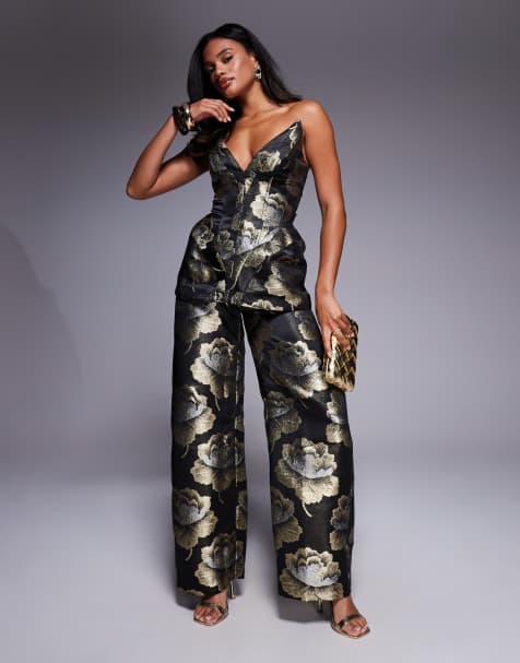 ASOS LUXE – Barrel-Hose aus Jacquard in Schwarz mit goldenem Blumenmuster - view 1
