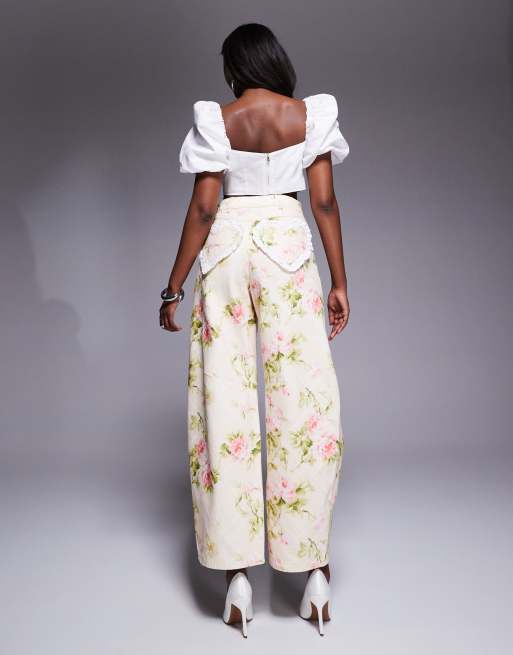 ASOS LUXE barrel leg heart pocket denim jeans in floral print