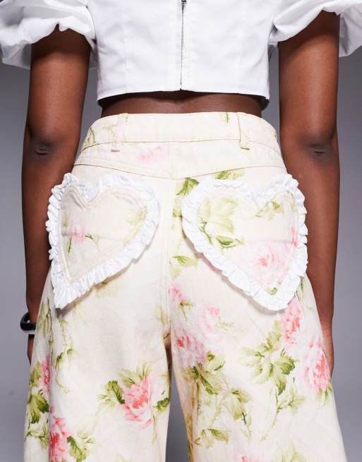 ASOS LUXE barrel leg heart pocket denim jeans in floral print