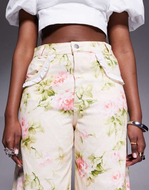 ASOS LUXE barrel leg heart pocket denim jeans in floral print