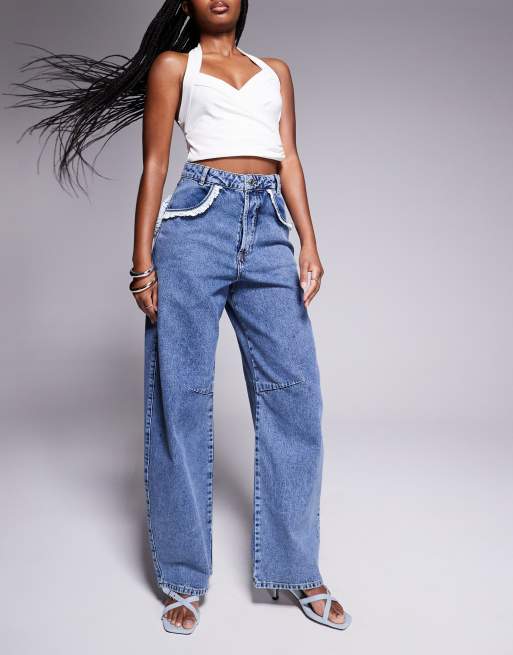 ASOS LUXE barrel leg heart pocket denim jeans in midwash blue