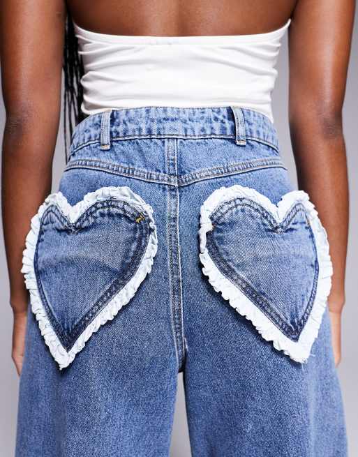 ASOS LUXE barrel leg heart pocket denim jeans in midwash blue, 4 of 5