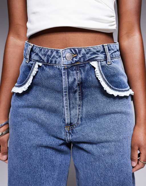 ASOS LUXE barrel leg heart pocket denim jeans in midwash blue