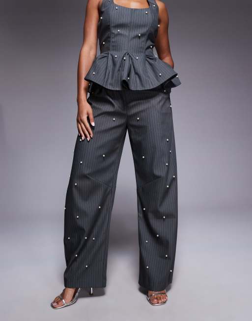 ASOS LUXE – Barrel-Leg-Hose in Grau mit Nadelstreifen und Perlen, Kombiteil, 2 von 5
