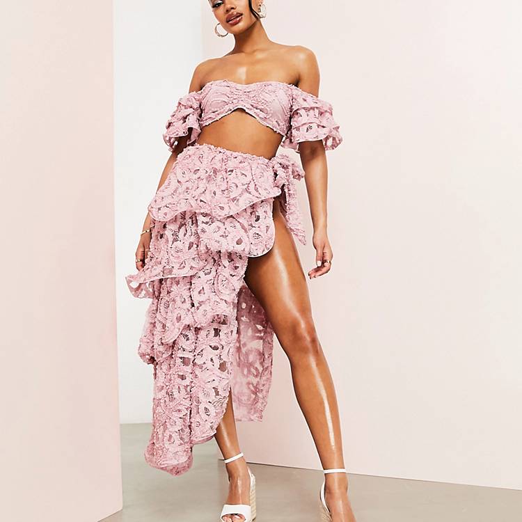 ASOS LUXE beach 3D floral wrap tiered wired maxi skirt in pink - part of a  set