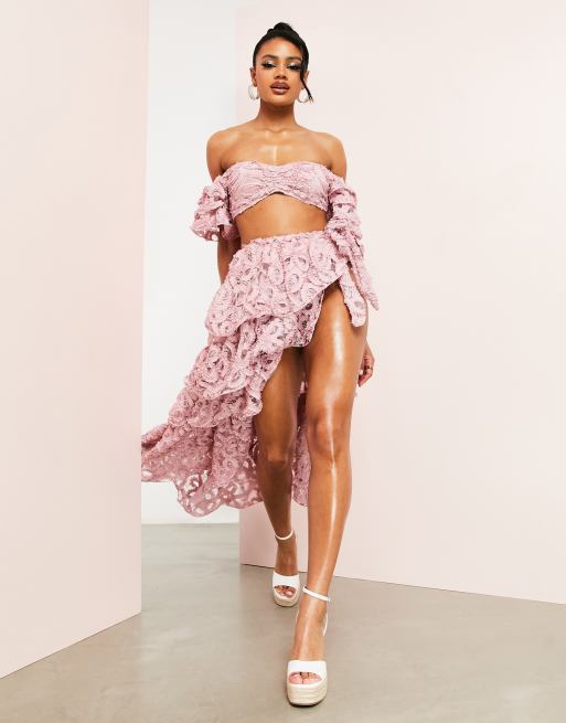 ASOS LUXE beach 3D floral wrap tiered wired maxi skirt in pink