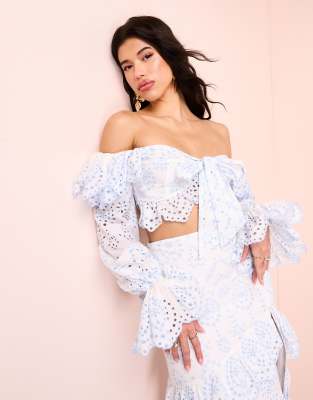 ASOS LUXE ASOS LUXE beach co-ord off shoulder broderie top with front tie in blue-Multi