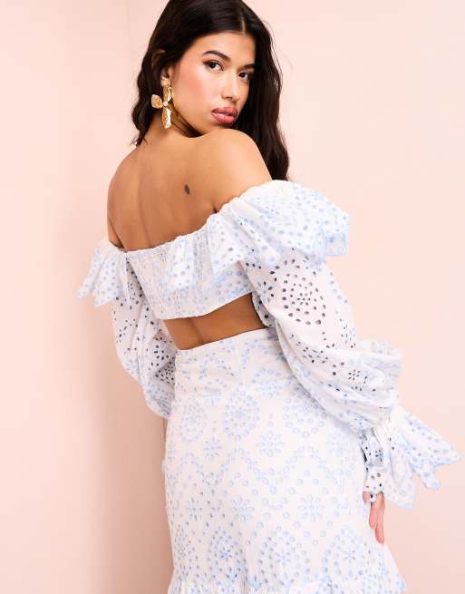 ASOS LUXE beach off the shoulder eyelet top with front tie in blue - part of a set, 2 of 4