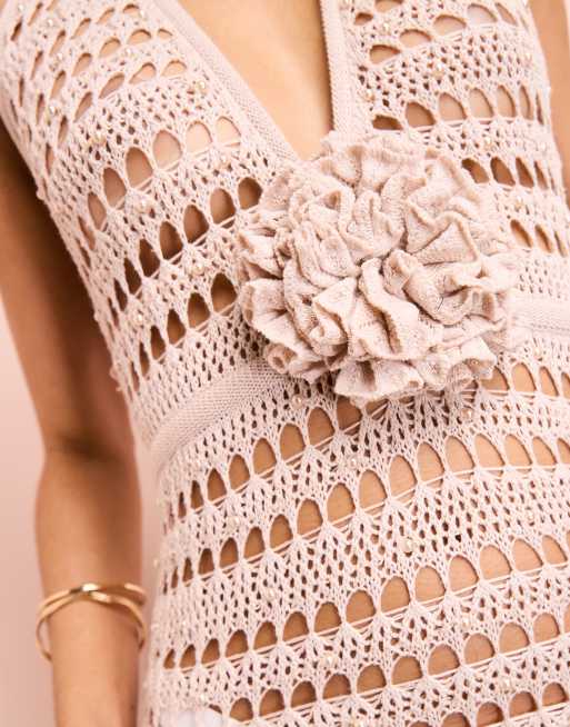 ASOS LUXE beach plunge crochet maxi dress with pearl embellishment and  corsage in cream | ASOS