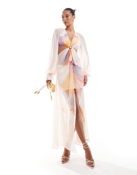 ASOS LUXE beach slip drape maxi dress with shell trim in pink placement print - view 1