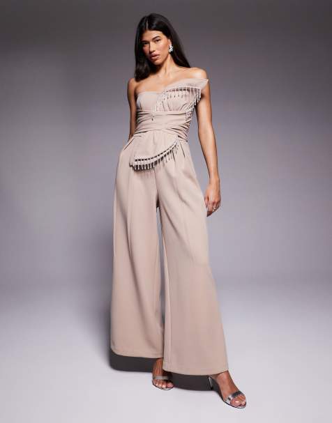 ASOS LUXE - Beige jumpsuit med perlefrynser og 3D-blomsterdetaljer - view 1
