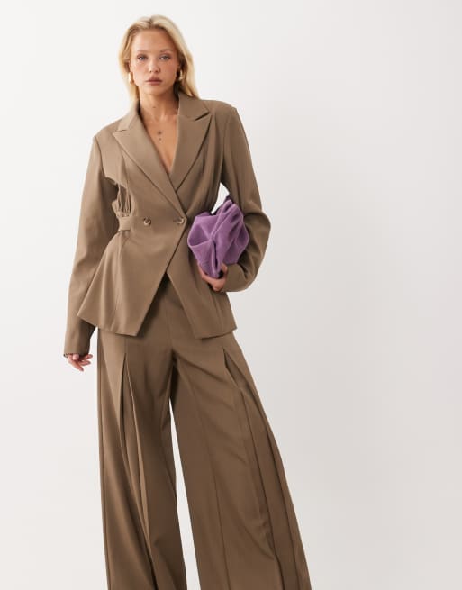 ASOS LUXE belted blazer and tailored wide leg trouser co-ord in khaki, 2 of 3