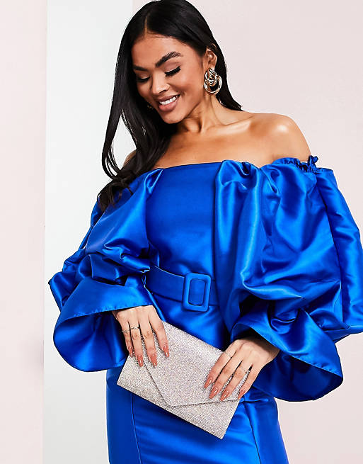 Designer Brands belted drama sleeve structured satin mini dress in electric blue 