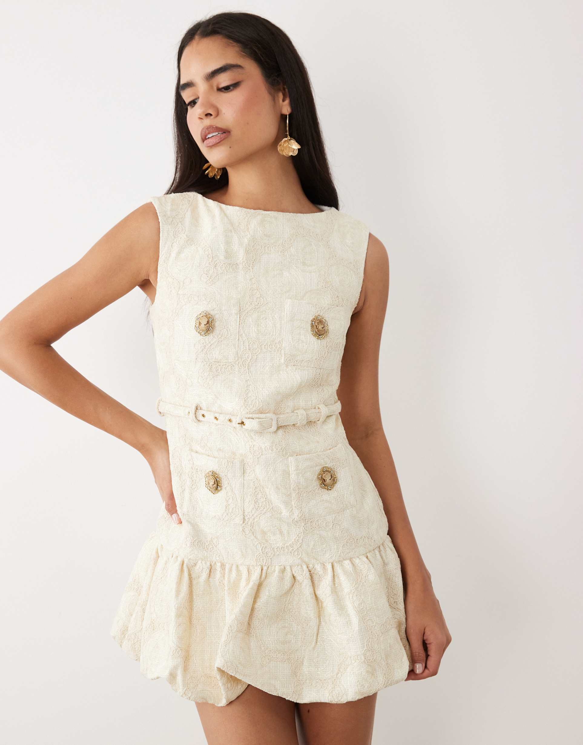 asos luxe belted tailored jacquard mini dress with peplum detail in cream