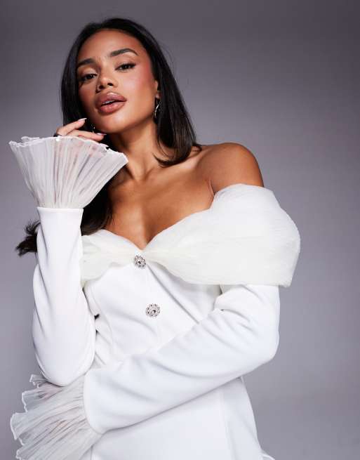 ASOS LUXE – Benvit, figursydd, plisserad miniklänning i organza med bara axlar, 2 av 4