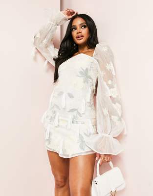 ASOS LUXE applique embroidered puff sleeve tassle detail mini dress in white - ASOS Price Checker