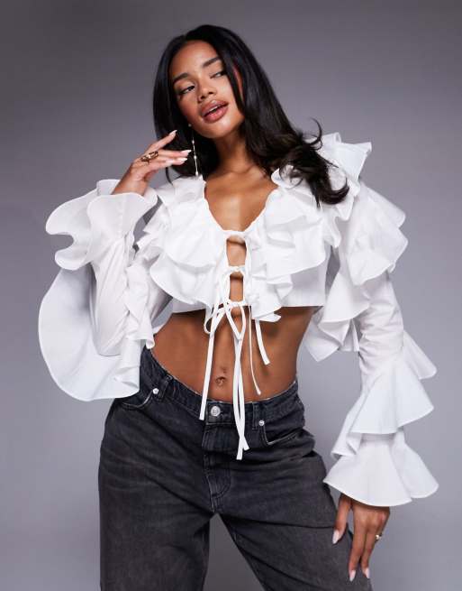 ASOS Luxe – Biała bluzka z obszernymi rękawami z falbankami z bawełnianej popeliny