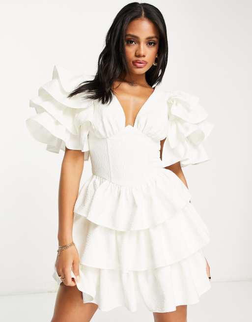 ASOS LUXE – Biała, żakardowa sukienka gorsetowa mini z falbankami na rękawach i na dole