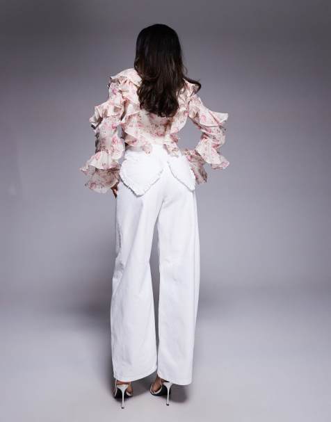ASOS LUXE – Białe jeansy z baryłkowatymi nogawkami i kieszeniami w kształcie serca - view 1