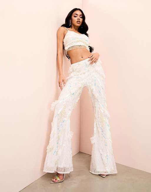 ASOS Luxe – Biało-srebrne spodnie ze zdobieniem z motywem motyla – część zestawu