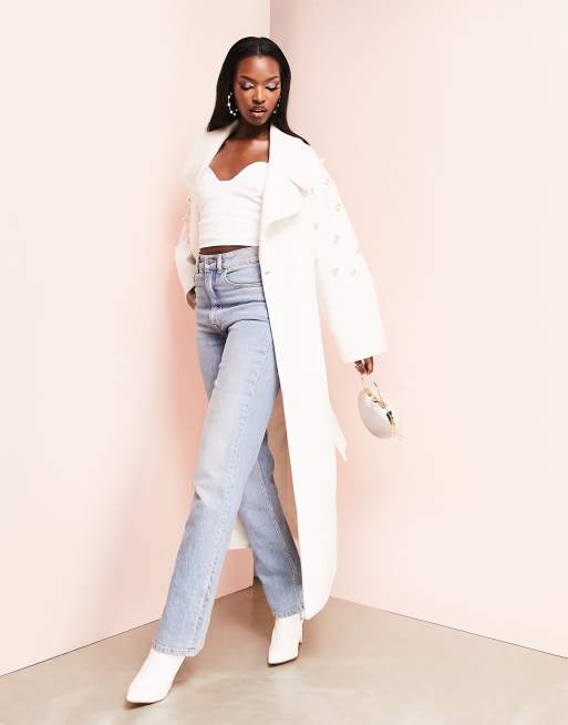 ASOS LUXE – Biały płaszcz o wydłużonym fasonie z perełkami