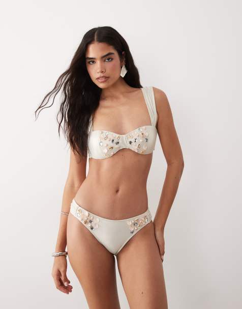ASOS LUXE – Bikinioberteil mit Muscheldetail und Bikinihose in weißer Perlmuttoptik - view 1