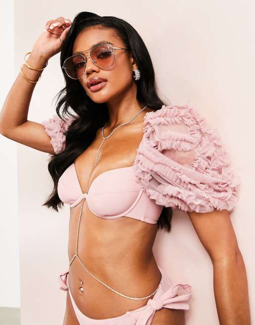 ASOS LUXE - Bikinitop met pofmouwen en 3D kant in nertsroze 