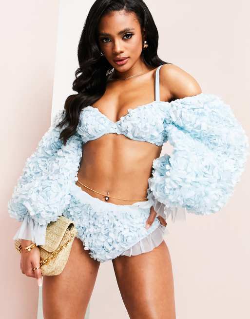 ASOS LUXE - Blå bikinitop med bardot-ærmer og 3D-blomstermønster, 4 af 4