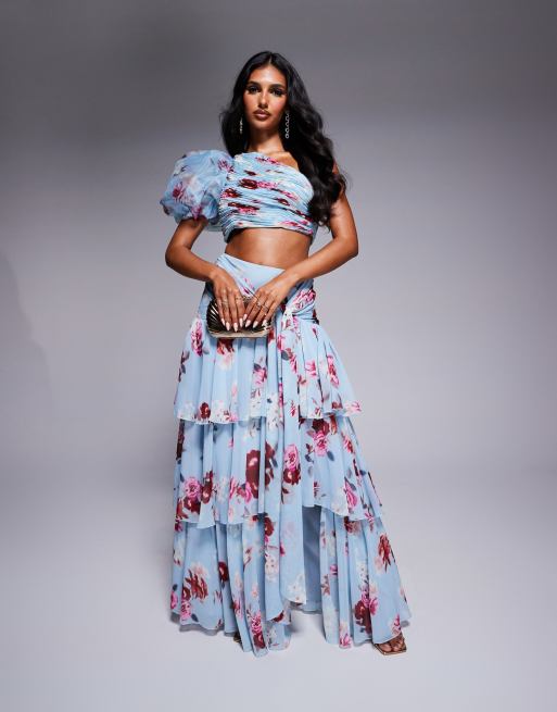 ASOS LUXE – Blå, blommig, panelsydd maxikjol med volanger i organza, del av set