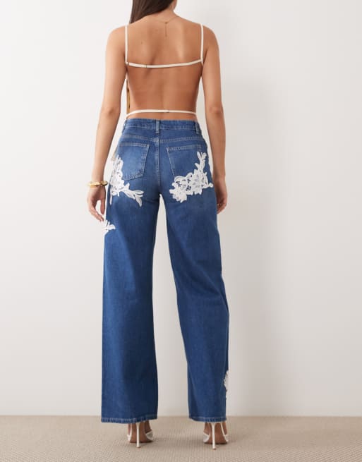 ASOS LUXE - Blå jeans med brede ben og blondeapplikationer, 2 af 5