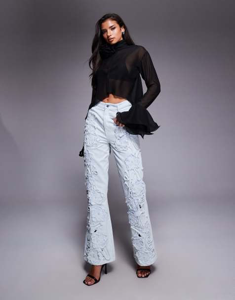 ASOS LUXE - Blå jeans med perleudsmykkede blomsterbroderier i organza - view 1