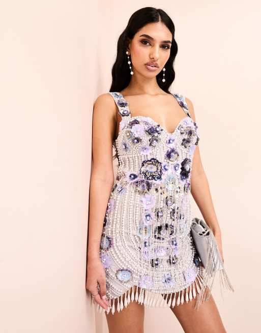 ASOS LUXE - Blå minikjole med bølgekant, perlefrynser og 3D-blomsterudsmykning