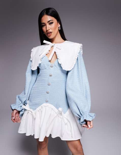 ASOS LUXE - Blå minikjole med udsmykkede knapper i blandet bouclé og bomuldspoplin - view 1