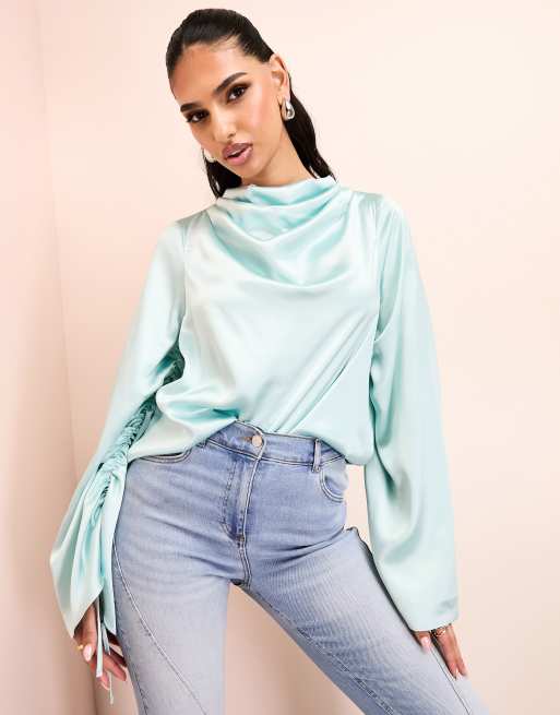 ASOS LUXE - Blå og draperedet top med oversized ærmer i satin