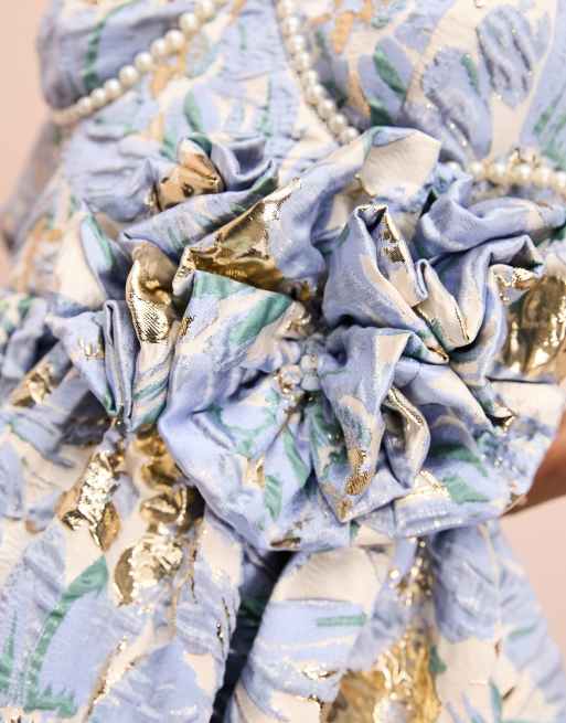 ASOS LUXE – Blåblommig, enaxlad mini-skaterklänning i jacquard med blomdetaljer, 2 av 4