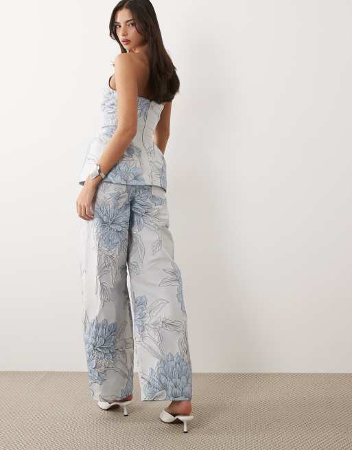 ASOS LUXE – Blåblommiga byxor i jacquard med barrelben, del av set, 3 av 5