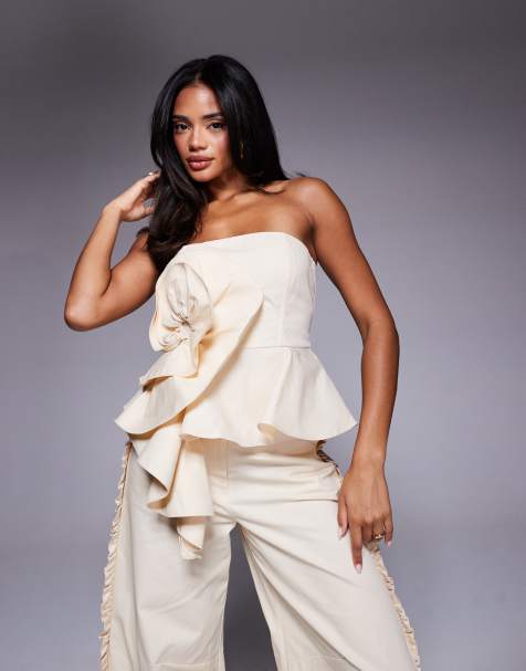 ASOS Luxe – Bladożółty top z bawełnianego diagonalu z dekoltem bandeau i bukietem, część zestawu - view 1