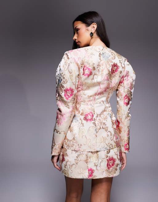 ASOS LUXE - Blazer cintré d'ensemble à fleurs en jacquard à épaules imposantes - Blanc, 4 de 4