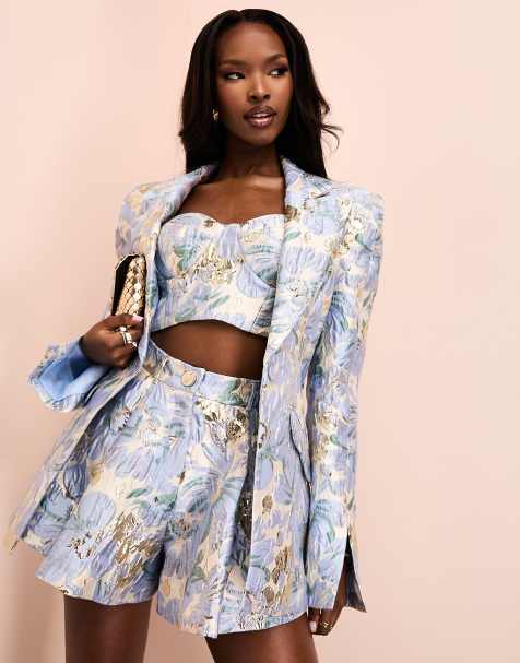 ASOS Luxe - Blazer con spalline imbottite blu a fiori jacquard in coordinato - view 1